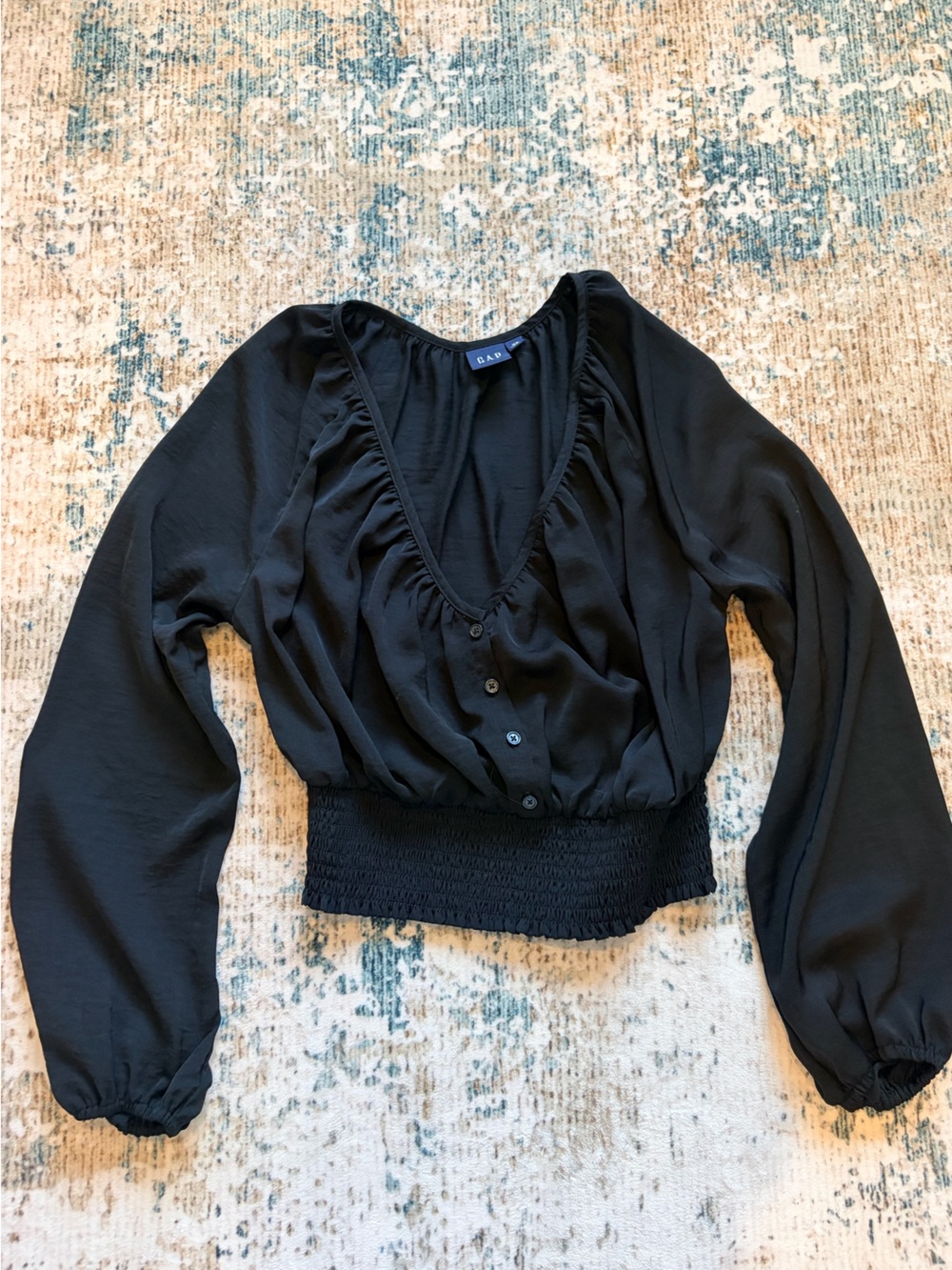 GAP Black Satin Cropped Smocked Waist Blouse